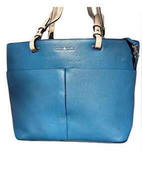 MICHAEL KORS BEDFORD LARGE PEBBLED BLUE CREAM Leather Tote with Silver Hardware